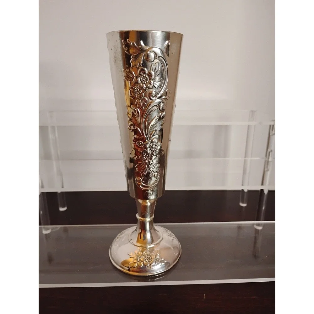 Vintage Delli Inc Silver Plated Champagne Flute Floral Embossed Made inJapan 7in
